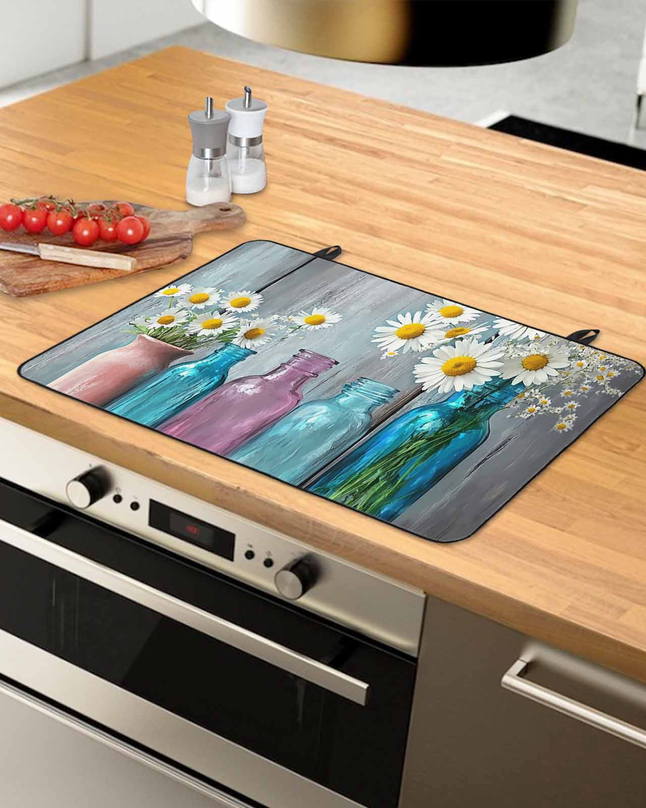 nqOlkjepod Large Induction Cooktop Protector Mat 36"x21", White Spring Floral Stove Top Covers for Electric Stove, Farmhouse Flowers Wooden Vintage Stove Burner Cover Mats, Glass Top Stove Cover