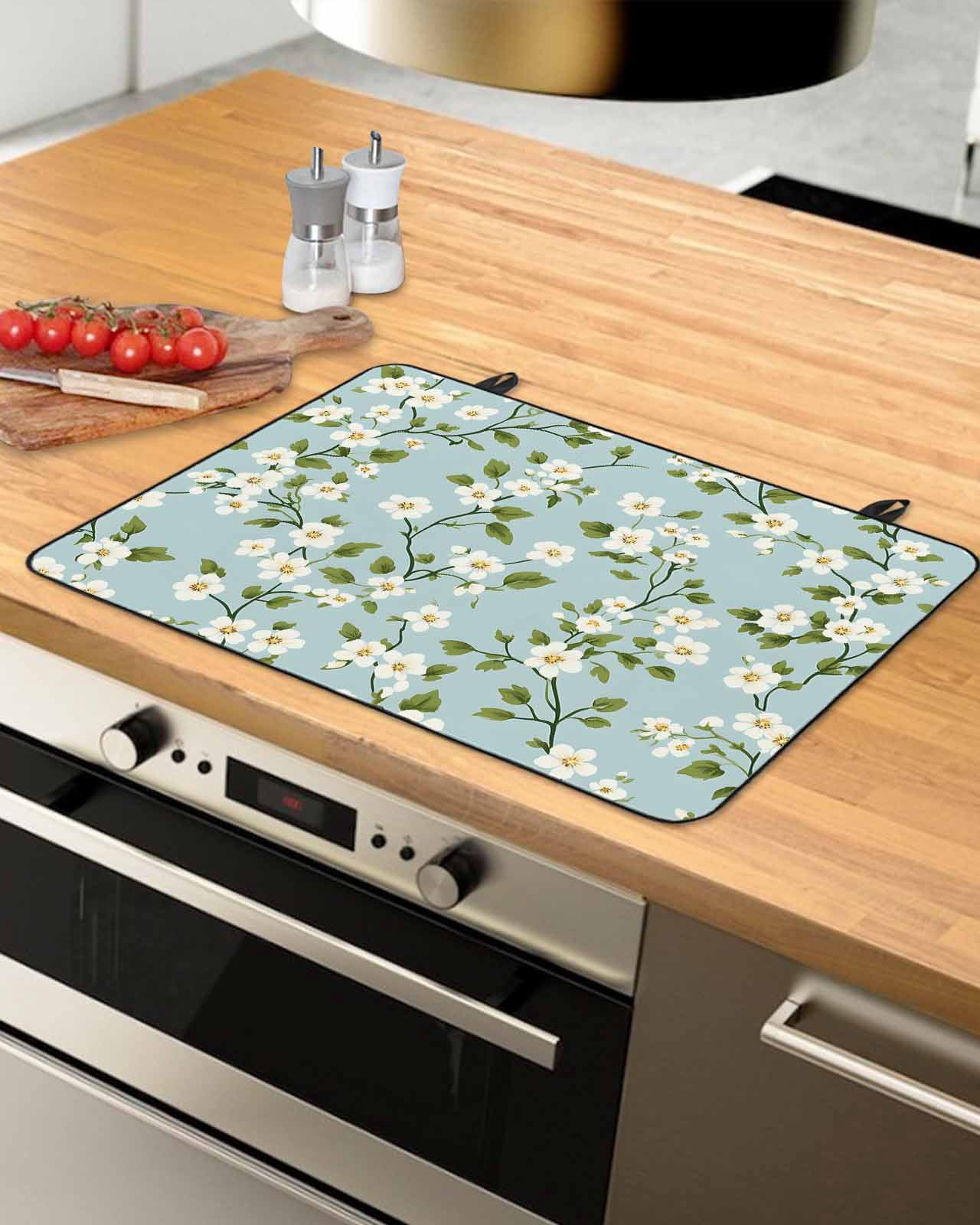 nqOlkjepod Large Induction Cooktop Protector Mat 36"x21", White Teal Spring Floral Stove Top Covers for Electric Stove, Farmhouse Flowers Summer Botanical Stove Burner Cover Mats Stove Cover