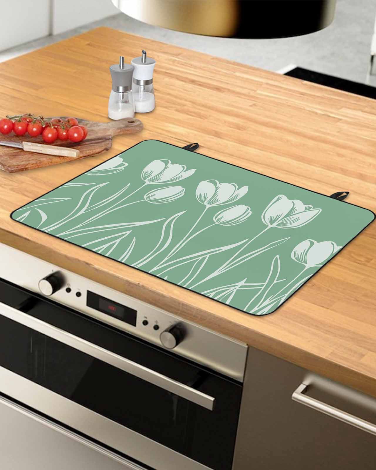 nqOlkjepod Large Induction Cooktop Protector Mat 36"x21", White Tulips Stove Top Covers for Electric Stove, Spring Floral Summer Botanical Green Stove Burner Cover Mats, Glass Top Stove Cover