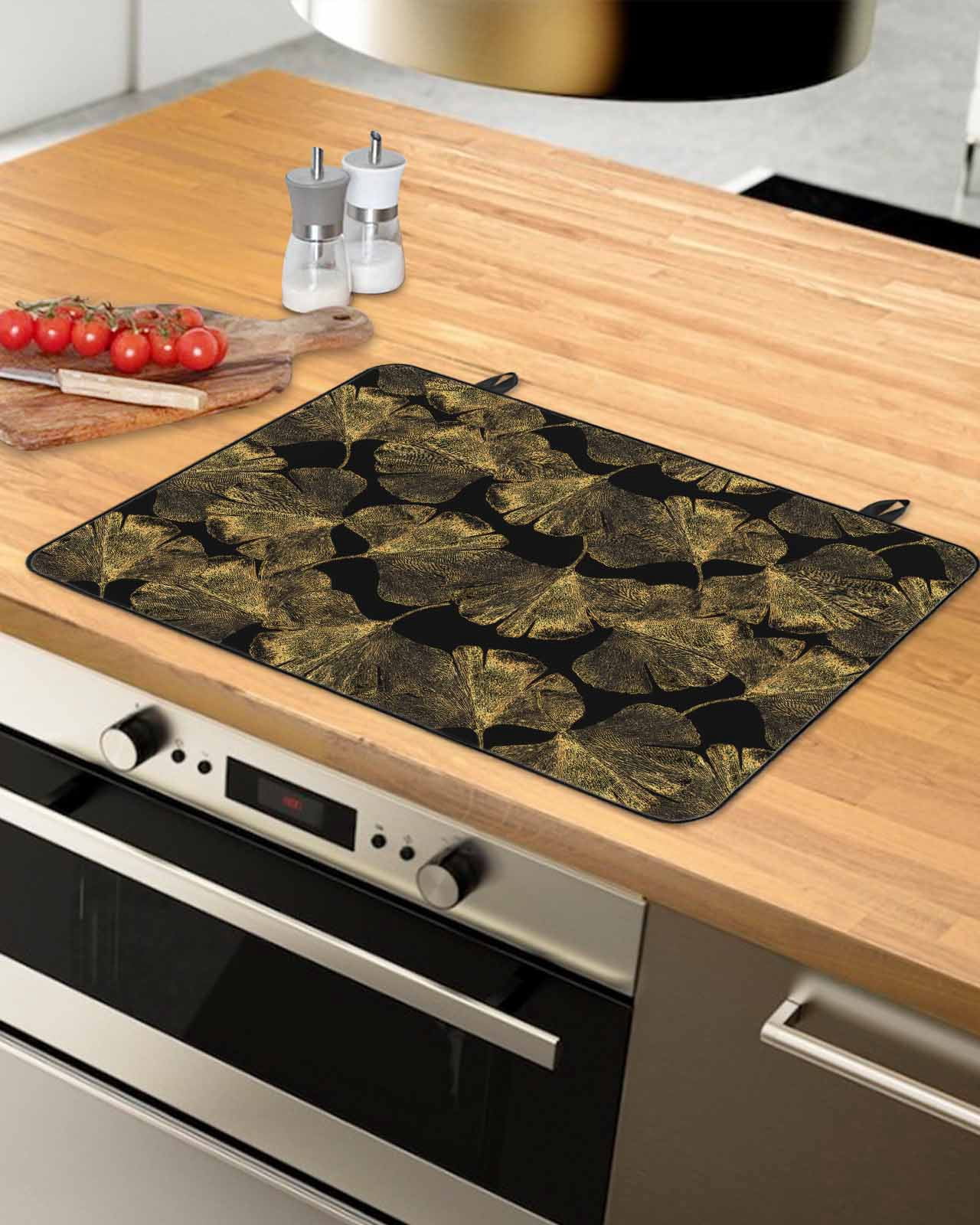 nqOlkjepod Large Induction Cooktop Protector Mat 36"x21", Yellow Black Leaves Stove Top Covers for Electric Stove, Vintage Abstract Art Botanical Stove Burner Cover Mats, Glass Top Stove Cover