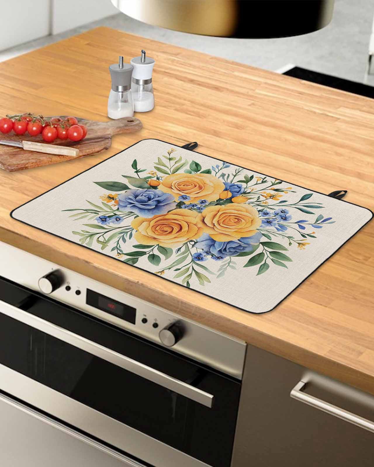 nqOlkjepod Large Induction Cooktop Protector Mat 36"x21", Yellow Blue Floral Stove Top Covers for Electric Stove, Eucalyptus Leaves Botanical Stove Burner Cover Mats, Glass Top Stove Cover