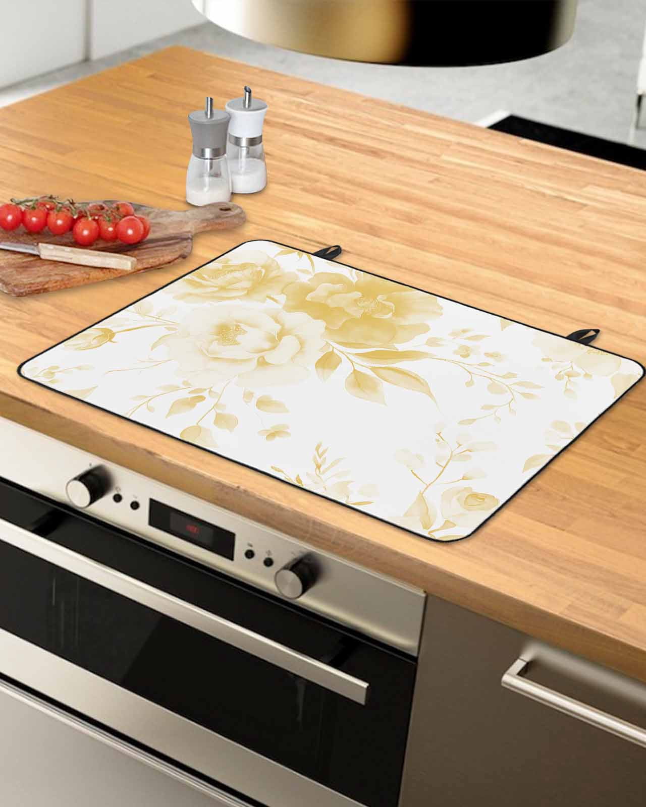 nqOlkjepod Large Induction Cooktop Protector Mat 36"x21", Yellow Floral Art Stove Top Covers for Electric Stove, Watercolor Botanical Spring Flowers Stove Burner Cover Mats, Glass Top Stove Cover