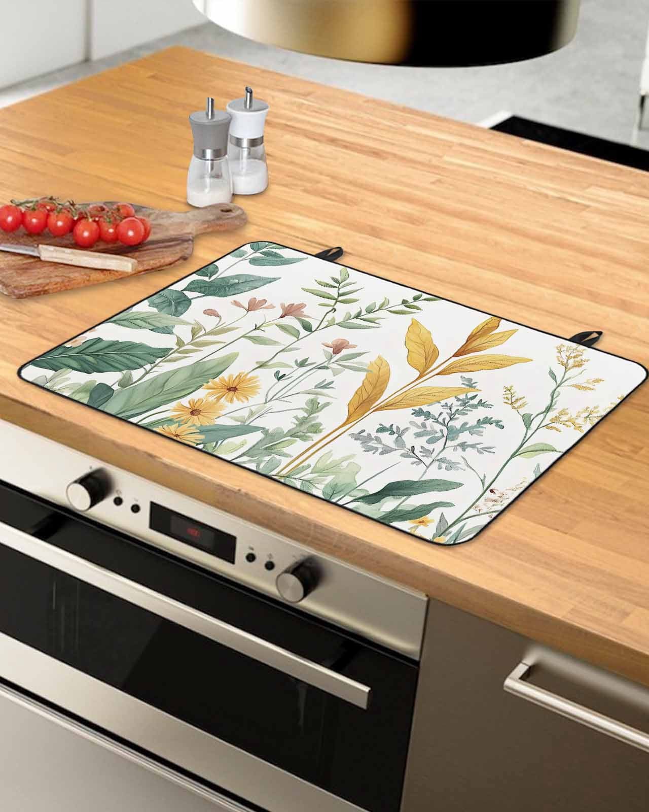 nqOlkjepod Large Induction Cooktop Protector Mat 36"x21", Yellow Green Botanical Stove Top Covers for Electric Stove, Rustic Watercolor Leaves Stove Burner Cover Mats, Glass Top Stove Cover