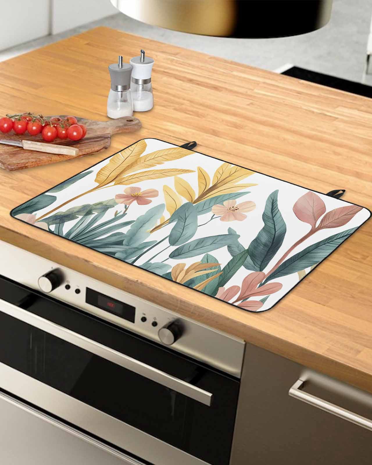 nqOlkjepod Large Induction Cooktop Protector Mat 36"x21", Yellow Green Leaves Stove Top Covers for Electric Stove, Retro Watercolor Floral Decorative Stove Burner Cover Mats, Glass Top Stove Cover