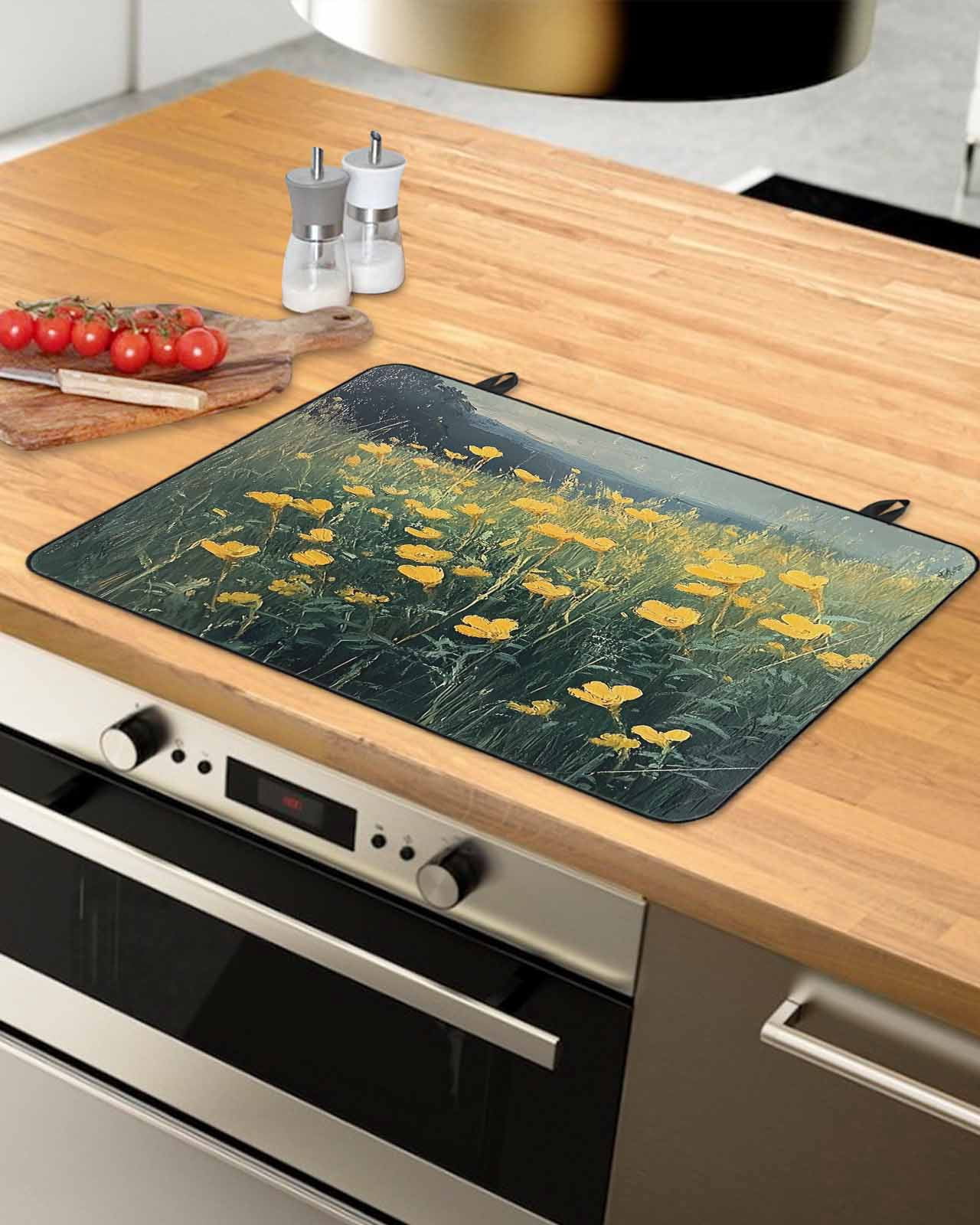 nqOlkjepod Large Induction Cooktop Protector Mat 36"x21", Yellow Spring Floral Stove Top Covers for Electric Stove, Modern Oil Painting Green Botanical Stove Burner Cover Mats, Glass Top Stove Cover