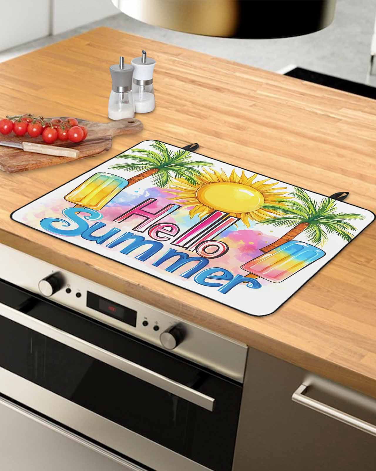 nqOlkjepod Large Induction Cooktop Protector Mat 36"x21", Yellow Summer Botanical Stove Top Covers for Electric Stove, Green Palm Trees Decorative Stove Burner Cover Mats, Glass Top Stove Cover