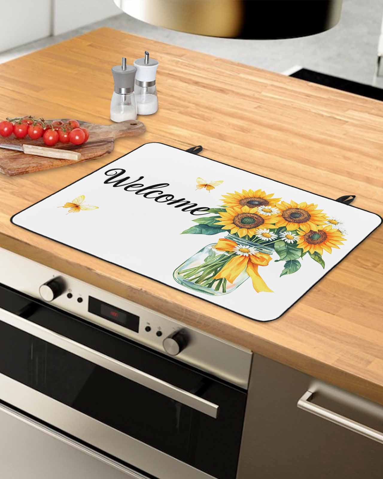 nqOlkjepod Large Induction Cooktop Protector Mat 36"x21", Yellow Sunflower Stove Top Covers for Electric Stove, Butterfly Spring Floral Farm Country Stove Burner Cover Mats, Glass Top Stove Cover