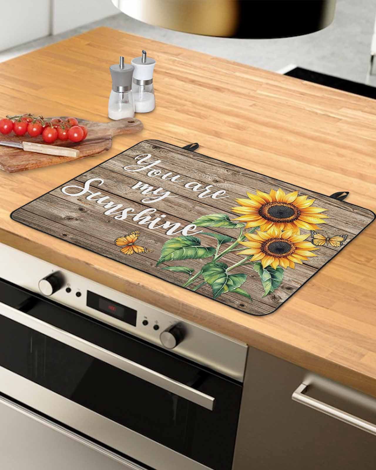 nqOlkjepod Large Induction Cooktop Protector Mat 36"x21", Yellow Sunflower Stove Top Covers for Electric Stove, Butterfly Sunshine Brown Farmhouse Wood Stove Burner Cover Mats, Glass Top Stove Cover