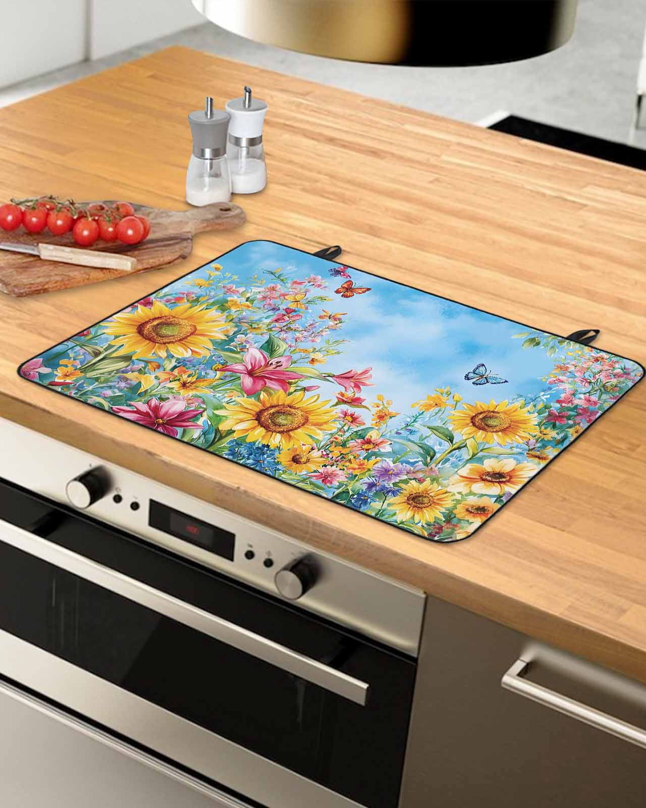 nqOlkjepod Large Induction Cooktop Protector Mat 36"x21", Yellow Sunflower Stove Top Covers for Electric Stove, Wildflower Vintage Country Oil Painting Stove Burner Cover Mats, Glass Top Stove Cover