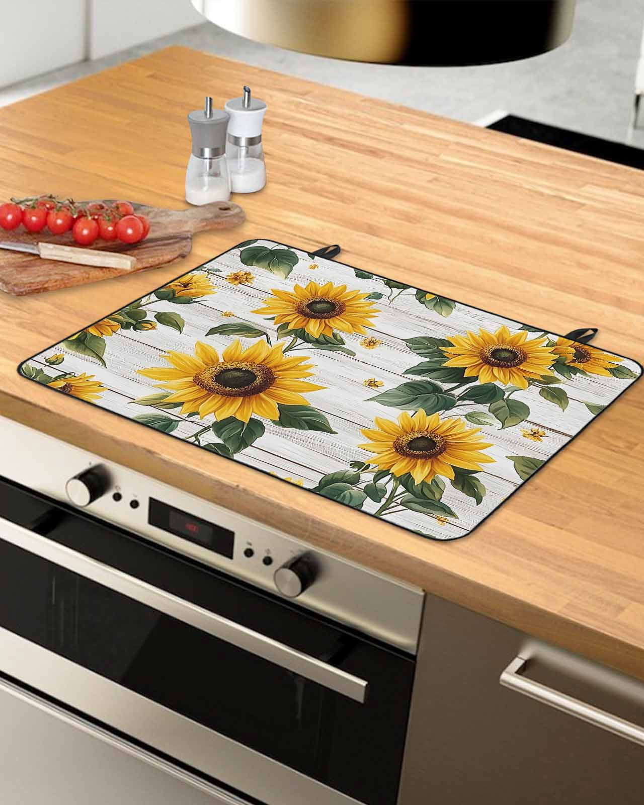 nqOlkjepod Large Induction Cooktop Protector Mat 36"x21", Yellow Sunflowers Stove Top Covers for Electric Stove, Country Botanical Floral Wooden Grain Stove Burner Cover Mats, Glass Top Stove Cover