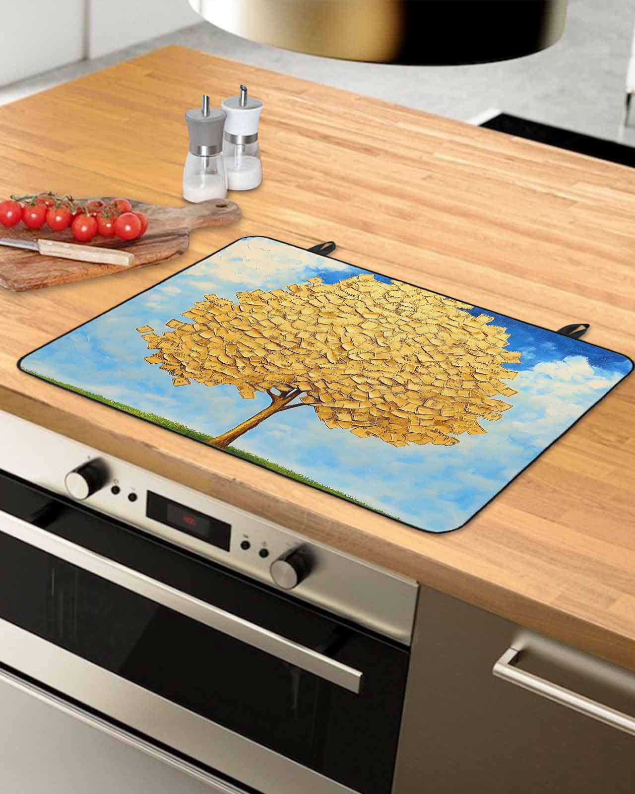 nqOlkjepod Large Induction Cooktop Protector Mat 36"x21", Yellow Tree Leaves Stove Top Covers for Electric Stove, Blue Sky Watercolor Gradient Painting Stove Burner Cover Mats, Glass Top Stove Cover