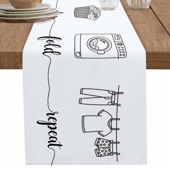 nqOlkjepod Laundry Room Table Runner 36 Inches Long Farmhouse Dress Scarves, Cartoon Wash Dry Fold Repeat Simple Lines Art Dining Tablerunner for Coffee Table/Kitchen Island/Party, Small 13"x36"