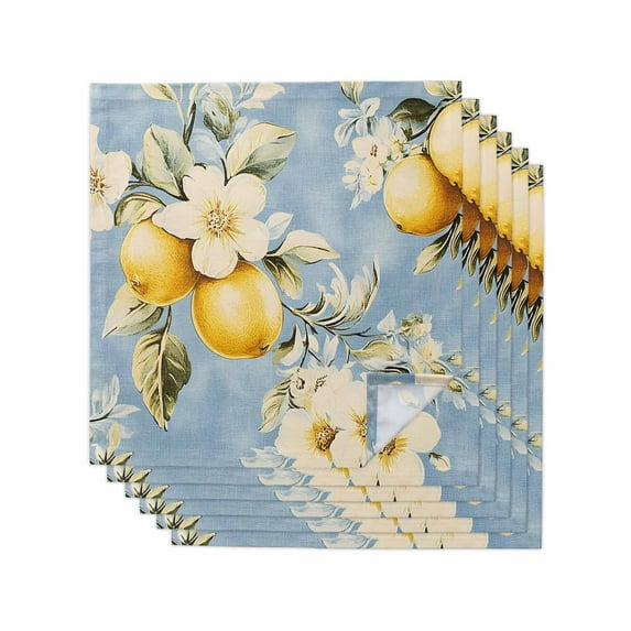nqOlkjepod Lemon Fruit Cloth Napkins Set of 6 Reusable Dinner Napkins, Botanical Leaves Country Blue Art Cocktail Napkin Washable Table Napkins for Wedding/Holiday Party/Baby Shower 20"x20"