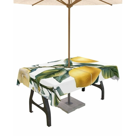 nqOlkjepod Lemon Fruit Outdoor Tablecloth with Umbrella Hole & Zipper, Retro Watercolor Farmhouse Leaf Flower Rectangle Table Cover 60x120 Inch, Dining Waterproof Table Cloth Protector for Patio