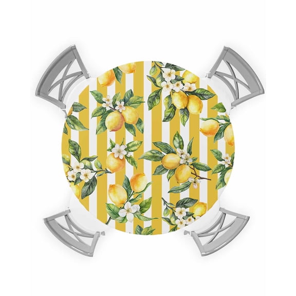 nqOlkjepod Lemon Leaves Round Tablecloth, Fitted Table Cover with Elastic for 36"-44" Round Tables, Yellow Vertical Stripes Spring Flowers Table Cloth Outdoor Dinning Party Waterproof Tablecloths