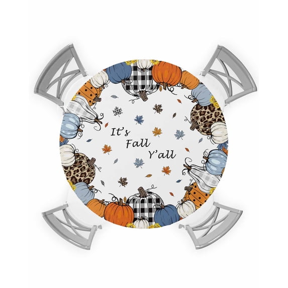 nqOlkjepod Leopard Print Orange Blue Pumpkin Round Tablecloth, Fitted Table Cover with Elastic for 55"-60" Round Tables, Fall Thanksgiving Table Cloth Outdoor Dinning Party Waterproof Tablecloths