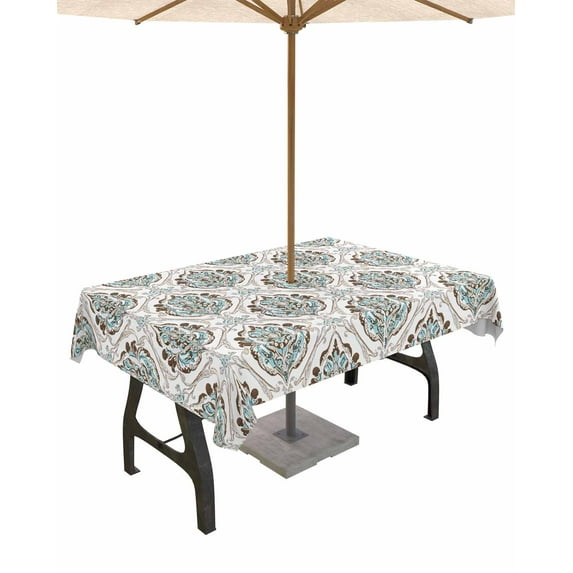 nqOlkjepod Light Blue Floral Outdoor Tablecloth with Umbrella Hole & Zipper, Sliver Vintage Country Artwork Rectangle Table Cover 54x80 Inch, Dining Waterproof Table Cloth Protector for Patio/Party