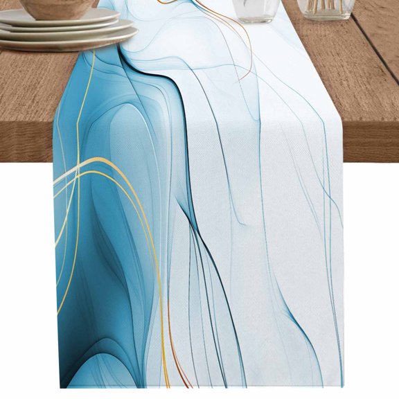 nqOlkjepod Marble Blue Table Runner 36 Inches Long Farmhouse Dress Scarves, Gold White Modern Gradient Ocean Wavy Ripple Dining Tablerunner for Coffee Table/Kitchen Island/Party Décor, Small 13"x36"