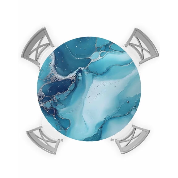 nqOlkjepod Marble Blue Teal Round Tablecloth, Fitted Table Cover with Elastic for 55"-60" Round Tables, Modern Aesthetics Ink Painted Table Cloth Outdoor Indoor Dinning Party Waterproof Tablecloths
