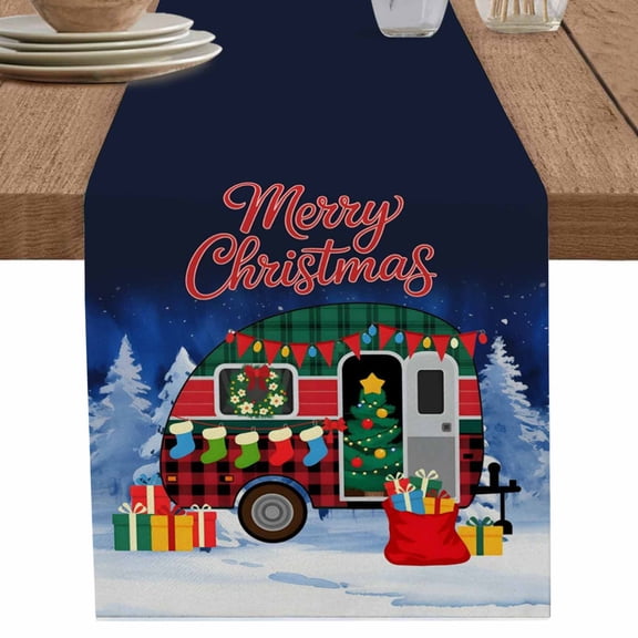 nqOlkjepod Merry Christmas Table Runner 48 Inches Long Farmhouse Dress Scarves, Xmas Tree Camper Van Winter Gifts Dining Tablerunner for Coffee Table/Kitchen Island/Party Décor, 13" x 48"