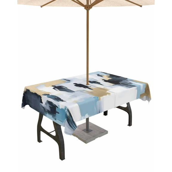nqOlkjepod Modern Canvas Outdoor Tablecloth with Umbrella Hole & Zipper, Abstract Oil Painting Art Rectangle Table Cover 52x70 Inch, Dining Waterproof Table Cloth Protector for Patio/Party/Picnic