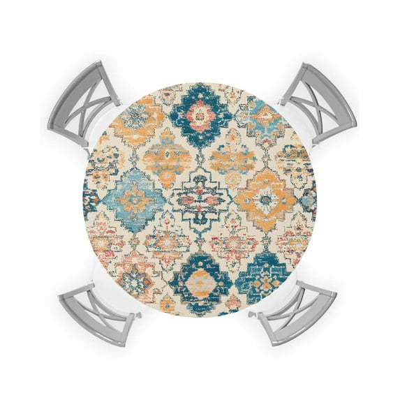 nqOlkjepod Morocco Ethnic Round Tablecloth, Fitted Table Cover with Elastic for 36"-44" Round Tables, Boho Country Retro Abstract Checked Table Cloth Outdoor Dinning Party Waterproof Tablecloths