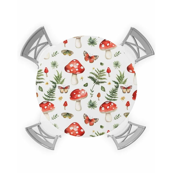 nqOlkjepod Mushroom Round Tablecloth, Fitted Table Cover with Elastic for 45"-54" Round Tables, Red Botanical Summer Green Butterfly Table Cloth Outdoor Indoor Dinning Party Waterproof Tablecloths