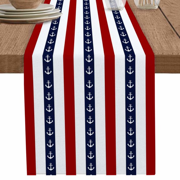 nqOlkjepod Nautical Anchor Table Runner 36 Inches Long Farmhouse Dress Scarves, Red Navy Blue White Stripe Geometric Dining Tablerunner for Coffee Table/Kitchen Island/Party Décor, Small 13" x 36"