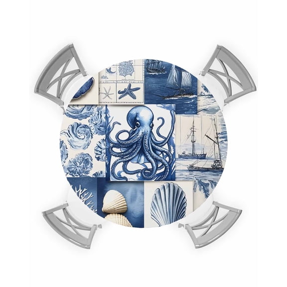nqOlkjepod Nautical Blue Round Tablecloth, Fitted Table Cover with Elastic for 36"-44" Round Tables, Coastal Turtle Octopus Coral Shell Boat Table Cloth Outdoor Dinning Party Waterproof Tablecloths
