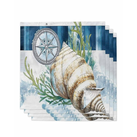 nqOlkjepod Nautical Compass Cloth Napkins Set of 4 Reusable Dinner Napkins, Coastal Ocean Shell Seaweed Cocktail Napkin Washable Table Napkins for Wedding/Holiday Party/Baby Shower 20"x20"