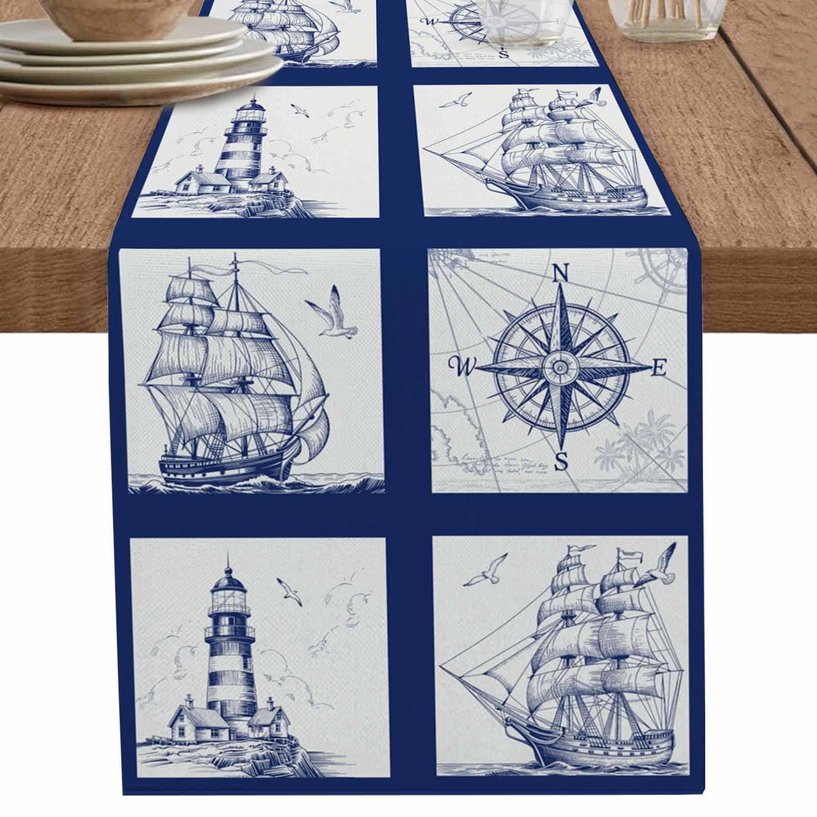 nqOlkjepod Nautical Navy Table Runner 70 Inches Long Farmhouse Dress ...