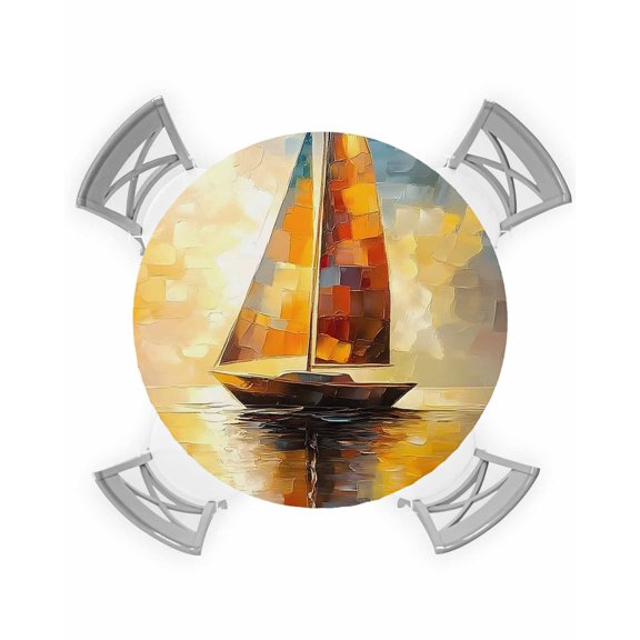 nqOlkjepod Nautical Ship Round Tablecloth, Fitted Table Cover with Elastic for 36"-44" Round Tables, Modern Oil Painting Abstract Yellow Blue Table Cloth Outdoor Dinning Party Waterproof Tablecloths