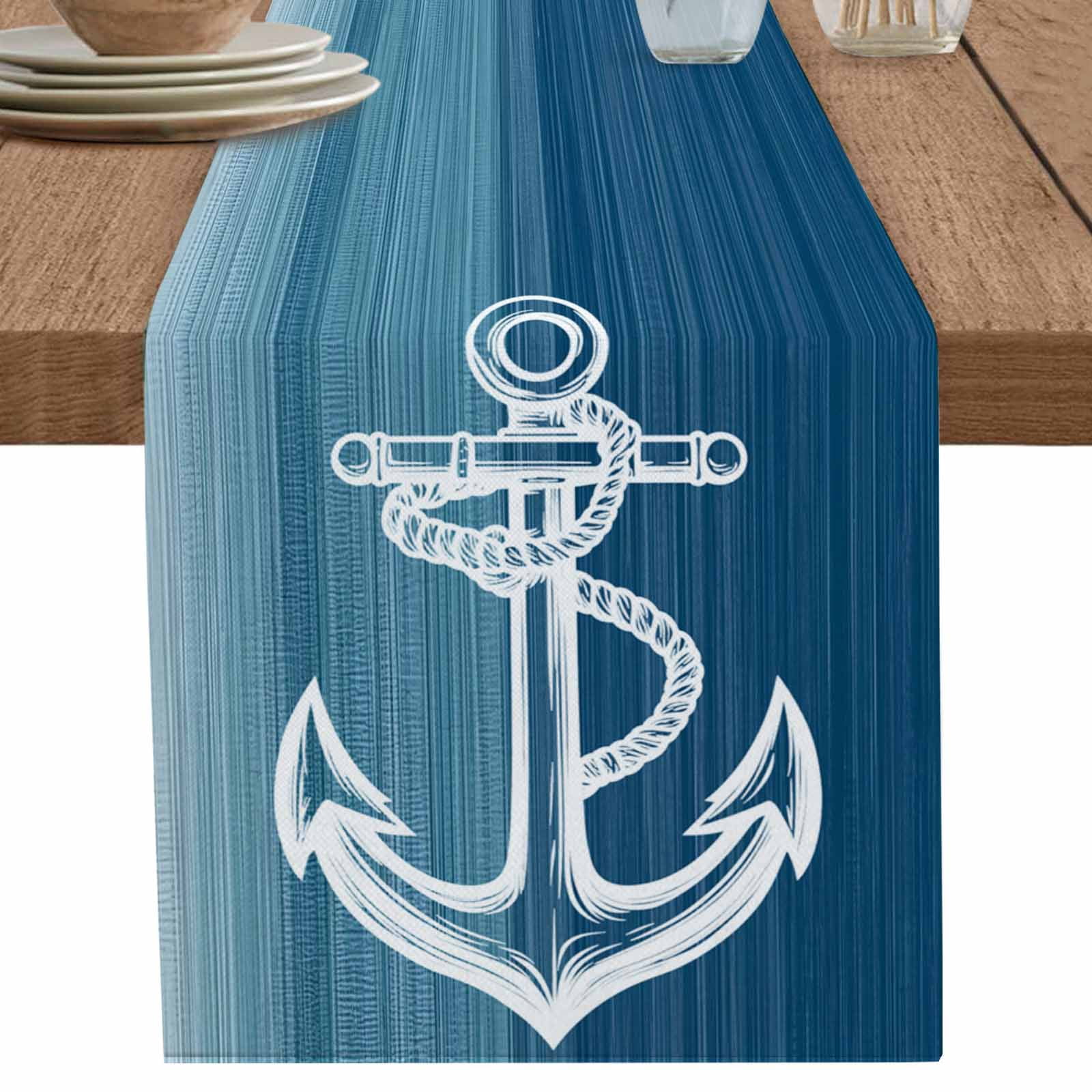 nqOlkjepod Nautical White Anchor Table Runner 72 Inches Long Farmhouse ...