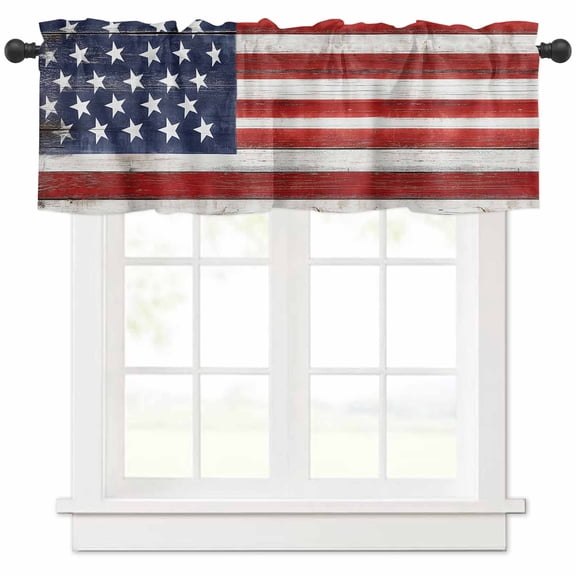 nqOlkjepod Navy Blue American Flag Farmhouse Short Window Curtain Valances, Red US Flag Wooden Vintage Rod Pocket Kitchen Valances for Living Room Bedroom Bathroom Cafe, 1 Panel - 42" x 12"