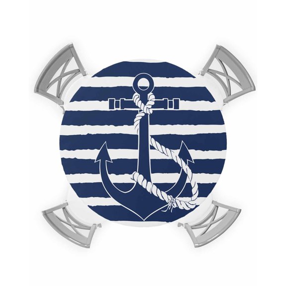 nqOlkjepod Navy Blue Anchor Round Tablecloth, Fitted Table Cover with Elastic for 36"-44" Round Tables, Nautical White Horizontal Striped Table Cloth Outdoor Dinning Party Waterproof Tablecloths