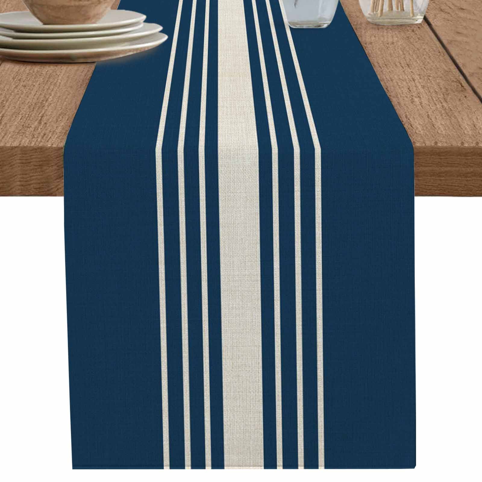 nqOlkjepod Navy Blue Beige Striped Table Runner 72 Inches Long ...
