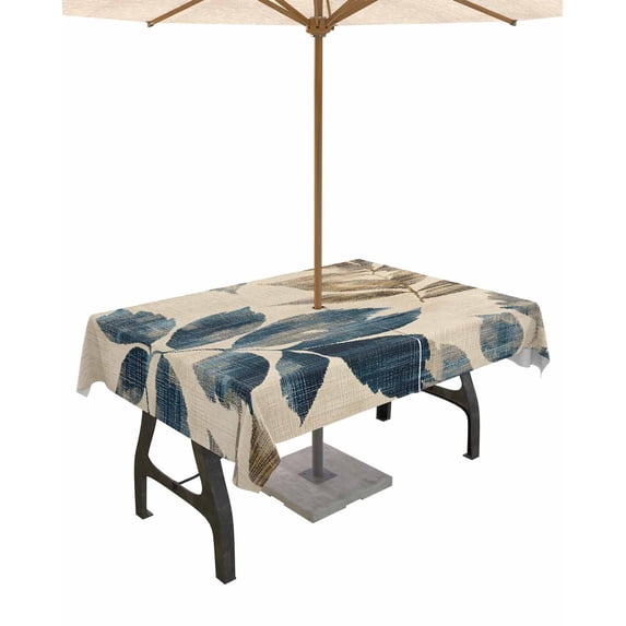 nqOlkjepod Navy Blue Brown Botanical Outdoor Tablecloth with Umbrella Hole & Zipper, Retro Elegant Palm Leaves Rectangle Table Cover 54x80 Inch, Dining Waterproof Table Cloth Protector for Patio