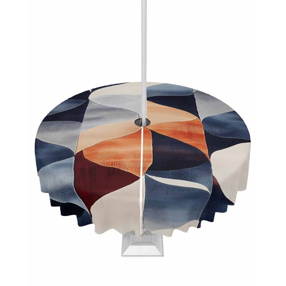 nqOlkjepod Navy Blue Burnt Orange Outdoor Tablecloth with Umbrella Hole & Zipper, Geometric Retro Abstract Round Table Cover 54 Inch, Dining Waterproof Table Cloth Protector for Patio/Party/Picnic