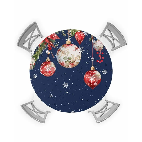 nqOlkjepod Navy Blue Christmas Balls Round Tablecloth, Fitted Table Cover with Elastic for 45"-54" Round Tables, Xmas Poinsettia Botanical Table Cloth Outdoor Dinning Party Waterproof Tablecloths