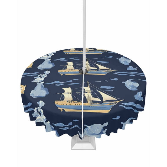 nqOlkjepod Navy Blue Coastal Outdoor Tablecloth with Umbrella Hole & Zipper, Nautical Modern Art Boat Compass Round Table Cover 54 Inch, Dining Waterproof Table Cloth Protector for Patio/Party