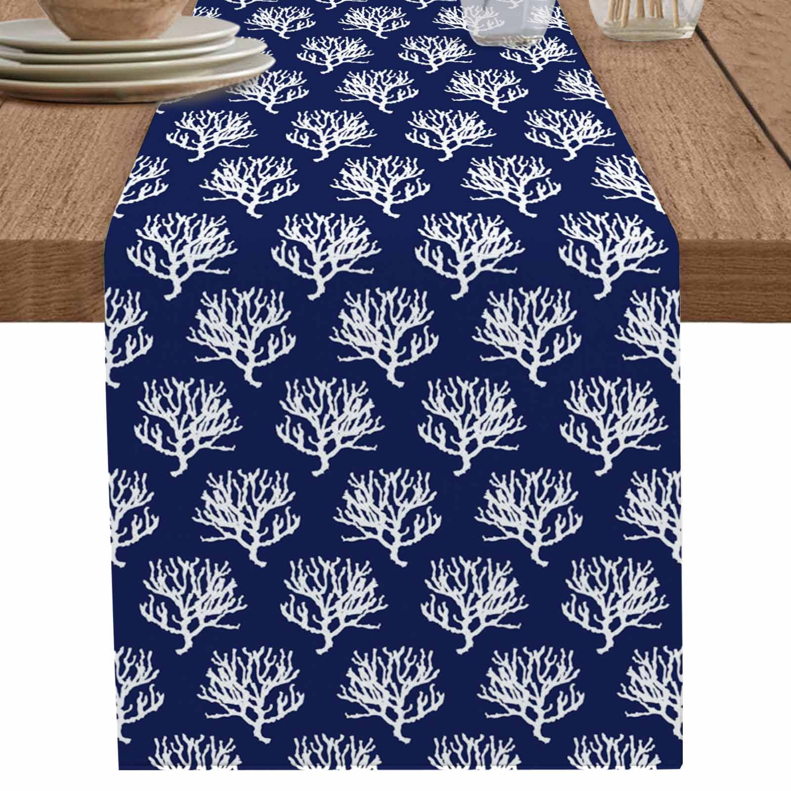 nqOlkjepod Navy Blue Coral Table Runner 120 Inches Long Farmhouse Dress ...