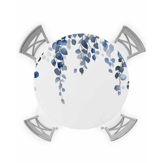 nqOlkjepod Navy Blue Eucalyptus Leaves Round Tablecloth, Fitted Table Cover with Elastic for 36"-44" Round Tables, Watercolor Summer Leaf Table Cloth Outdoor Dinning Party Waterproof Tablecloths