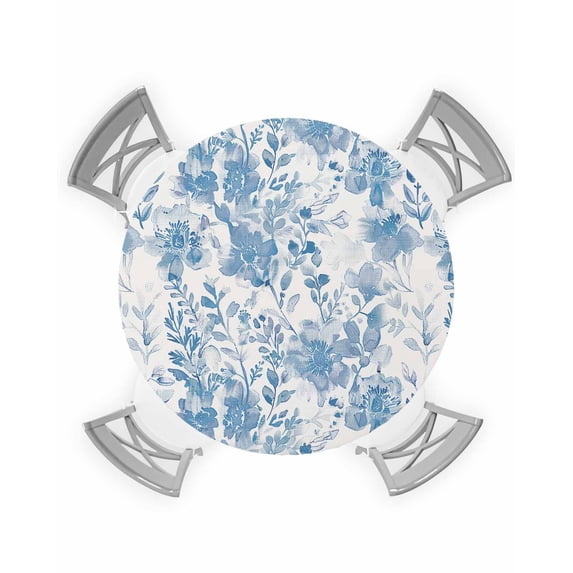 nqOlkjepod Navy Blue Flowers Round Tablecloth, Fitted Table Cover with Elastic for 36"-44" Round Tables, Watercolor Summer Botanical Floral Table Cloth Outdoor Dinning Party Waterproof Tablecloths