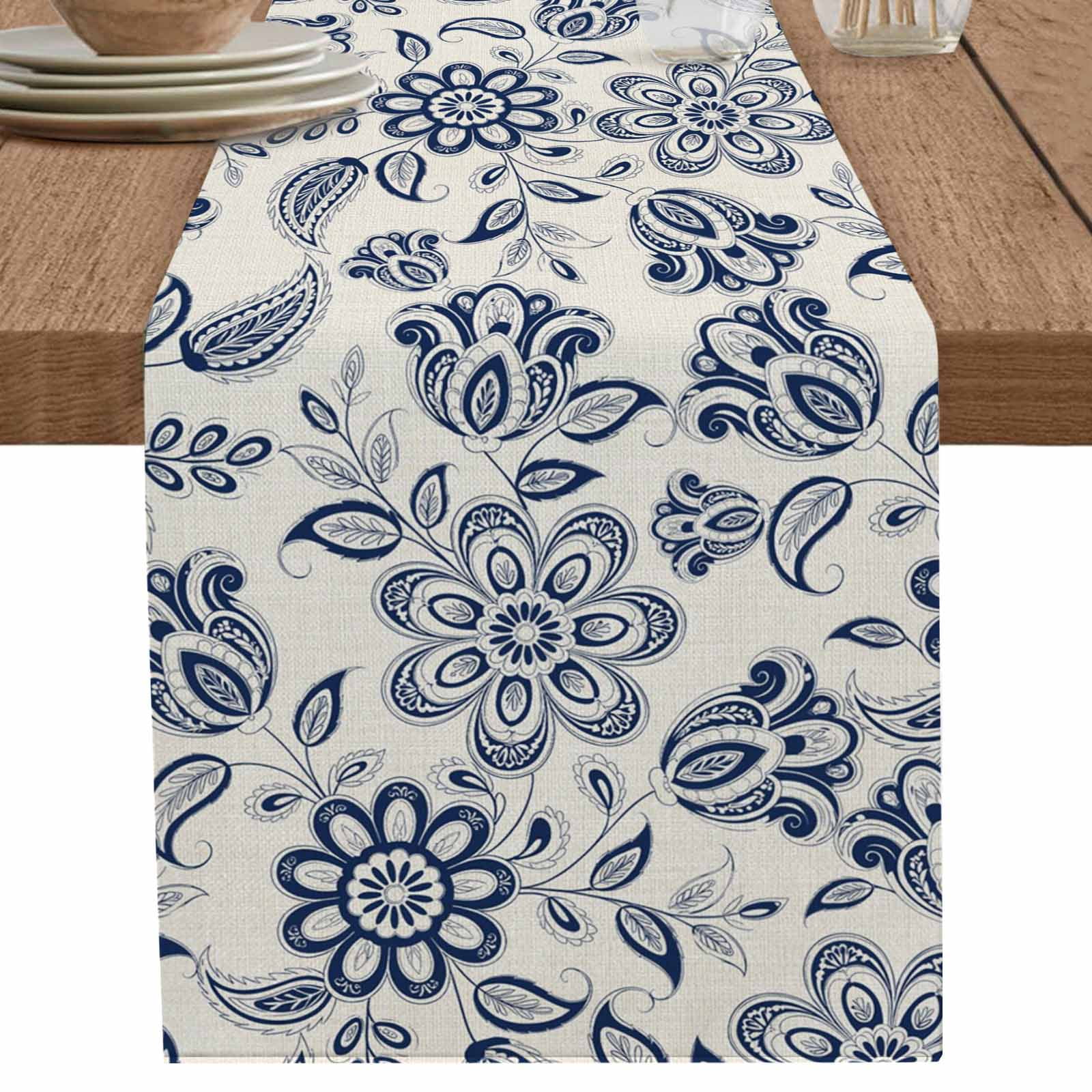 nqOlkjepod Navy Blue Flowers Table Runner 48 Inches Long Farmhouse Dress Scarves, Retro Ethnic Floral Pastoral Art Dining Tablerunner for Coffee Table/Kitchen Island/Party Décor, 13" x 48"