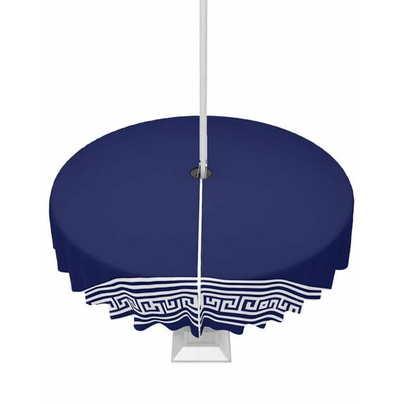 nqOlkjepod Navy Blue Geometric Outdoor Tablecloth with Umbrella Hole & Zipper, White Greek Key Farmhouse Round Table Cover 54 Inch, Dining Waterproof Table Cloth Protector for Patio/Party/Picnic