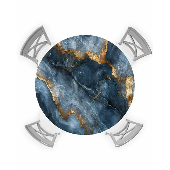 nqOlkjepod Navy Blue Marble Round Tablecloth, Fitted Table Cover with Elastic for 55"-60" Round Tables, Modern Art Contemporary Yellow Table Cloth Outdoor Indoor Dinning Party Waterproof Tablecloths