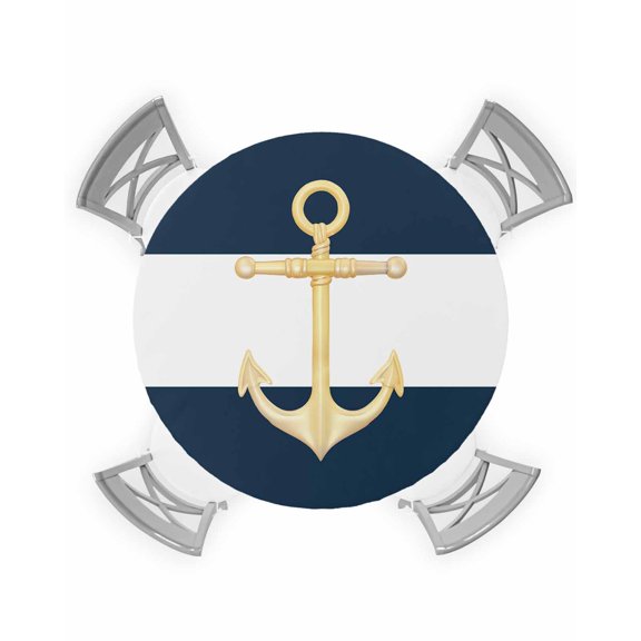 nqOlkjepod Navy Blue Nautical Round Tablecloth, Fitted Table Cover with Elastic for 55"-60" Round Tables, Gold Boat Anchor Geometric Stripe Table Cloth Outdoor Dinning Party Waterproof Tablecloths