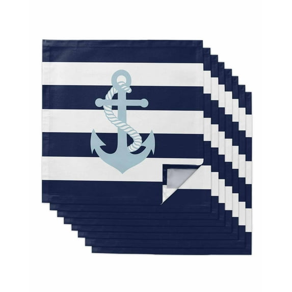 nqOlkjepod Navy Blue Stripe Nautical Cloth Napkins Set of 8 Reusable Dinner Napkins, Aqua Anchor Summer Coastal Cocktail Napkin Washable Table Napkins for Wedding/Holiday Party/Baby Shower 20"x20"