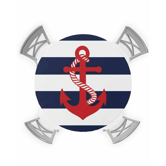 nqOlkjepod Navy Blue Stripe Nautical Round Tablecloth, Fitted Table Cover with Elastic for 55"-60" Round Tables, Red Anchor Summer Coastal Table Cloth Outdoor Dinning Party Waterproof Tablecloths