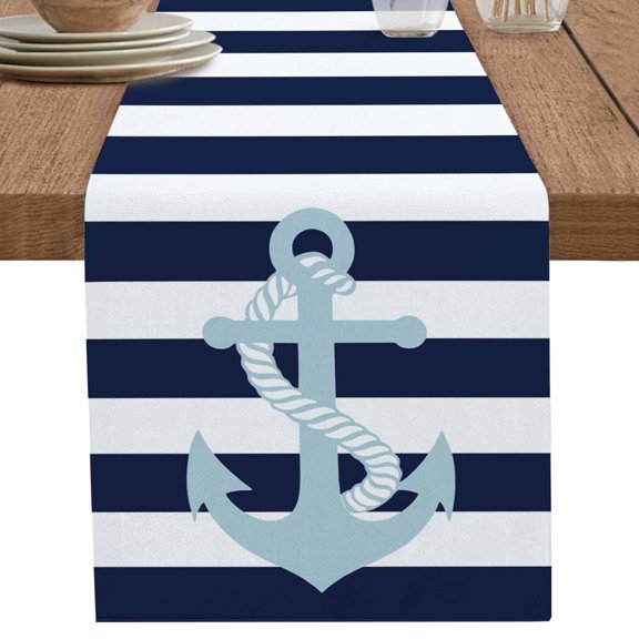 nqOlkjepod Navy Blue Stripe Nautical Table Runner 48 Inches Long Farmhouse Dress Scarves, Aqua Anchor Summer Coastal Dining Tablerunner for Coffee Table/Kitchen Island/Party Décor, 13" x 48"